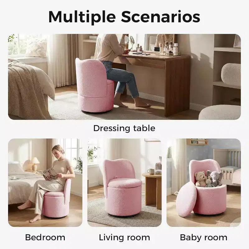 Swivel Vanity Chair with Storage, Upholstered Round Makeup Stool Accent Chair with Back, Soft Padded Seat for Bedroom Living Room