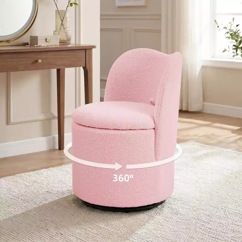 Swivel Vanity Chair with Storage, Upholstered Round Makeup Stool Accent Chair with Back, Soft Padded Seat for Bedroom Living Room