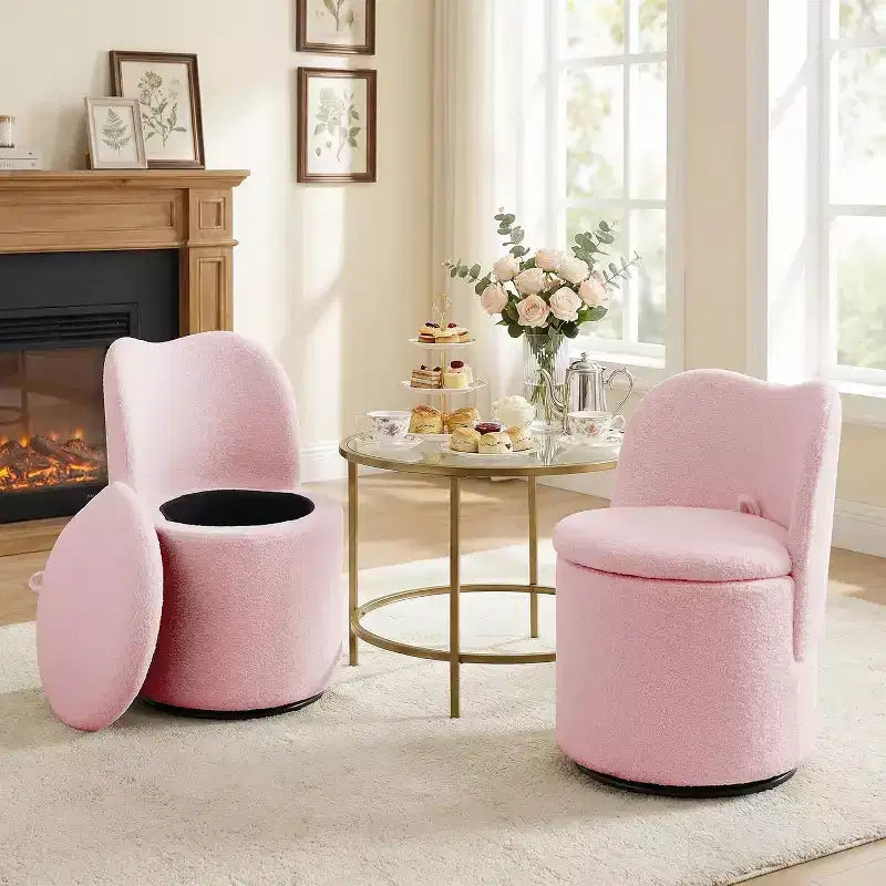 Swivel Vanity Chair with Storage, Upholstered Round Makeup Stool Accent Chair with Back, Soft Padded Seat for Bedroom Living Room