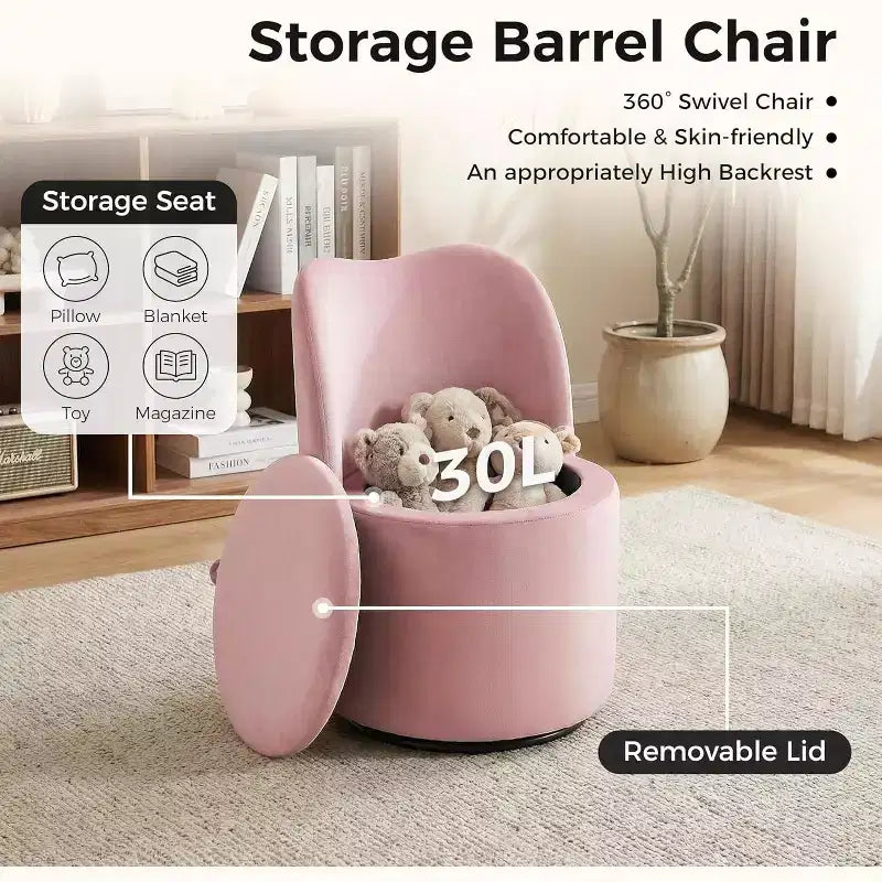 Swivel Vanity Chair with Storage, Upholstered Round Makeup Stool Accent Chair with Back, Soft Padded Seat for Bedroom Living Room