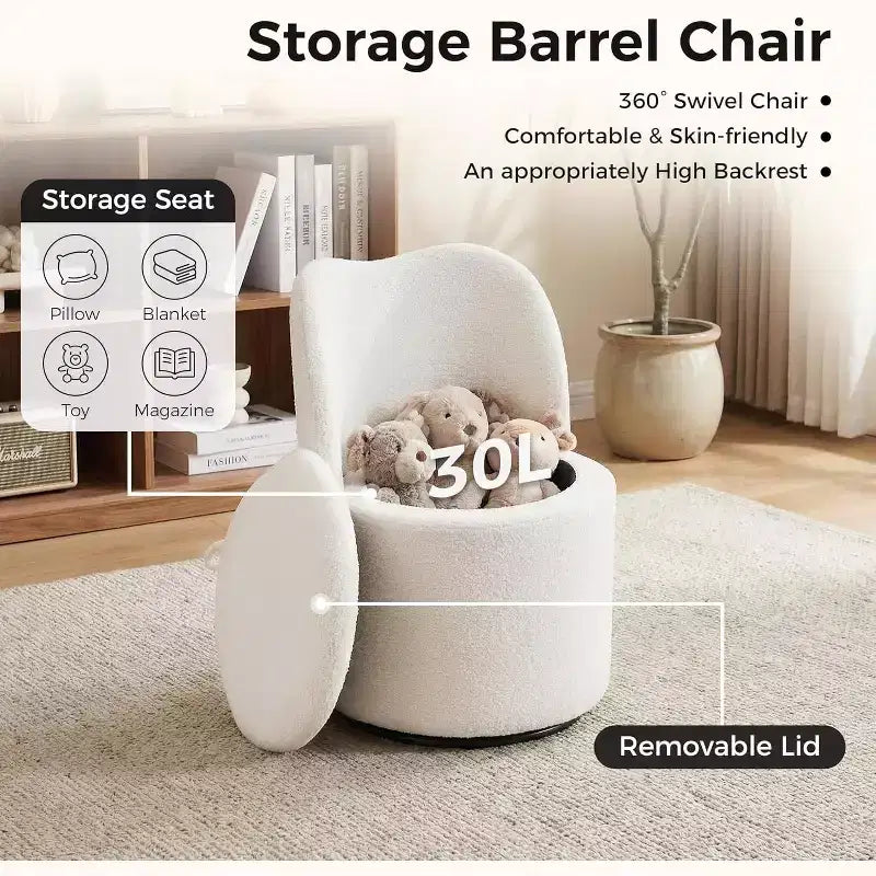 Swivel Vanity Chair with Storage, Upholstered Round Makeup Stool Accent Chair with Back, Soft Padded Seat for Bedroom Living Room