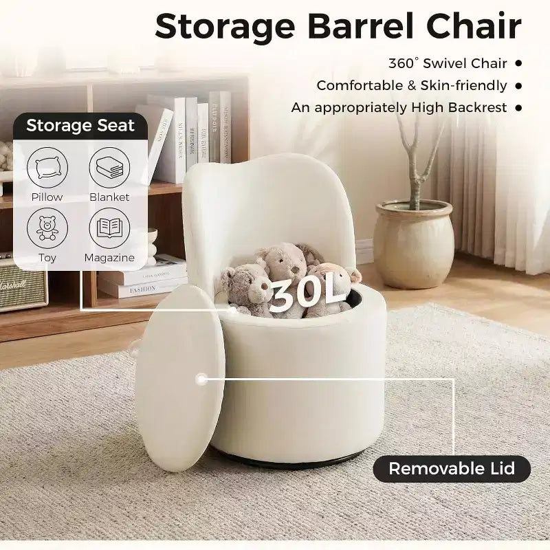 Swivel Vanity Chair with Storage, Upholstered Round Makeup Stool Accent Chair with Back, Soft Padded Seat for Bedroom Living Room