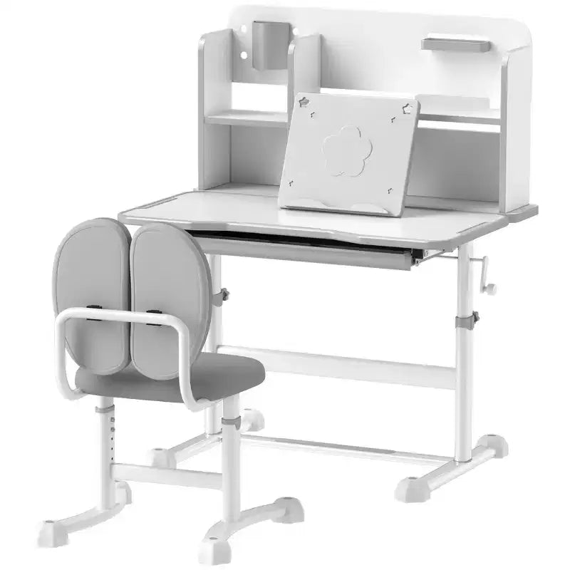 Qaba Kids Desk and Chair Set, Height Adjustable Kids School Study Desk and Chair Set with Tilt Desktop, Storage Drawer and Reading Rack, Gray