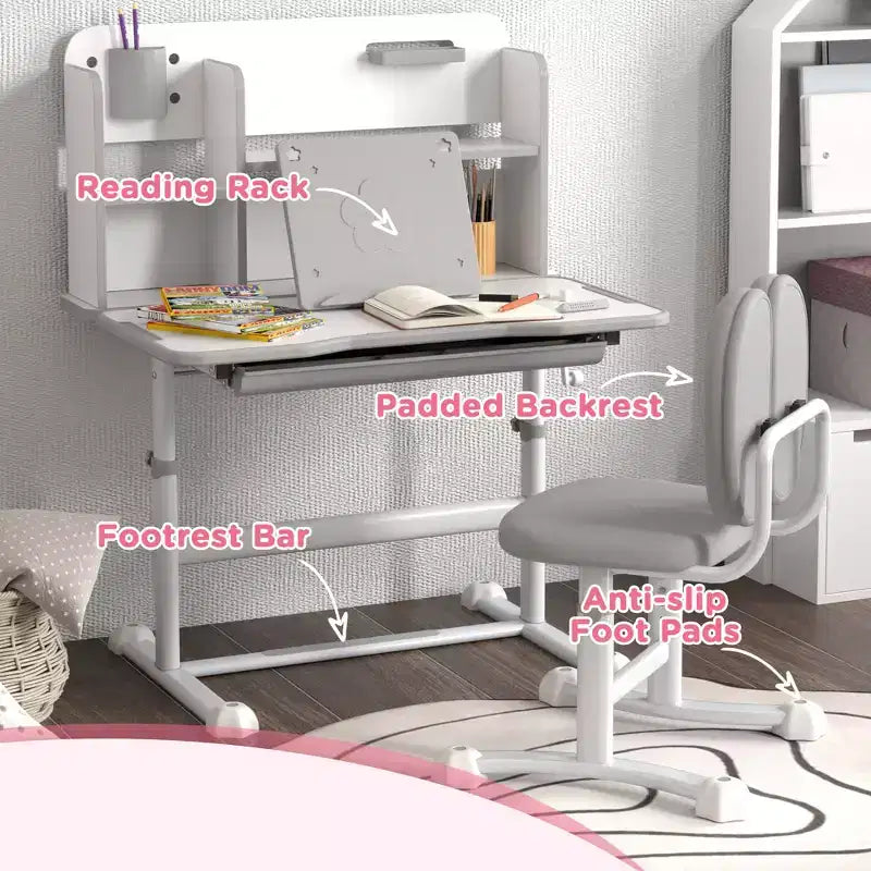 Qaba Kids Desk and Chair Set, Height Adjustable Kids School Study Desk and Chair Set with Tilt Desktop, Storage Drawer and Reading Rack, Gray