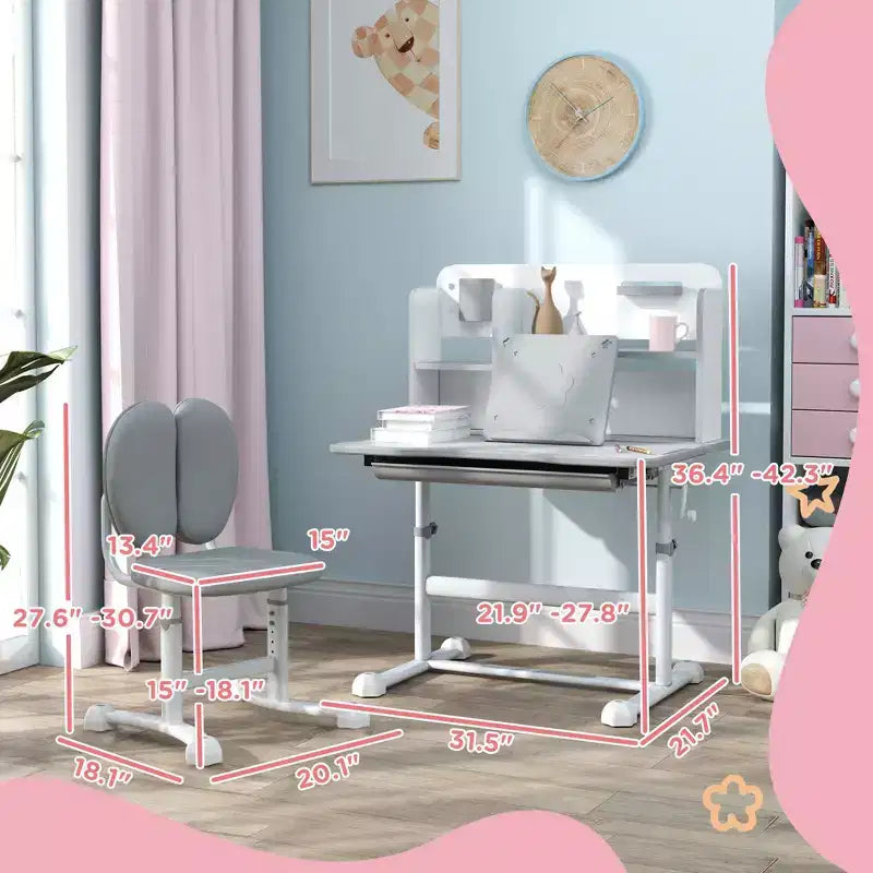 Qaba Kids Desk and Chair Set, Height Adjustable Kids School Study Desk and Chair Set with Tilt Desktop, Storage Drawer and Reading Rack, Gray