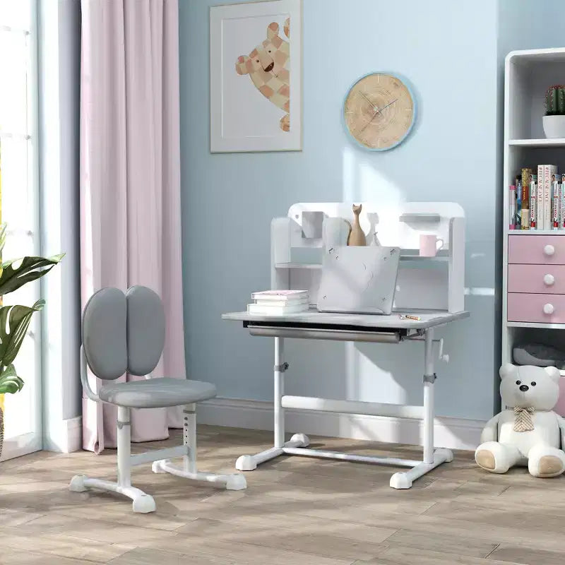 Qaba Kids Desk and Chair Set, Height Adjustable Kids School Study Desk and Chair Set with Tilt Desktop, Storage Drawer and Reading Rack, Gray