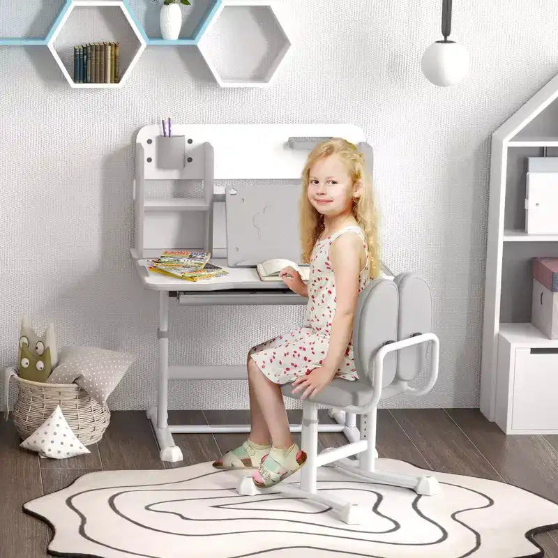 Qaba Kids Desk and Chair Set, Height Adjustable Kids School Study Desk and Chair Set with Tilt Desktop, Storage Drawer and Reading Rack, Gray