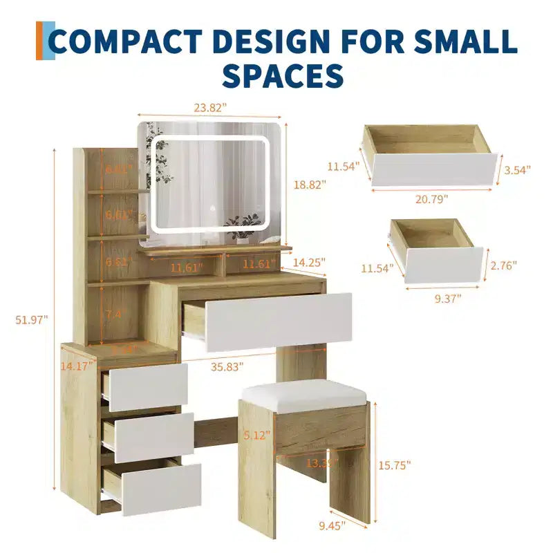 36-Inch Makeup Modern Vanity Table for Bedroom, 4 Large Drawers, 3 Lighting Modes, Storage Shelves
