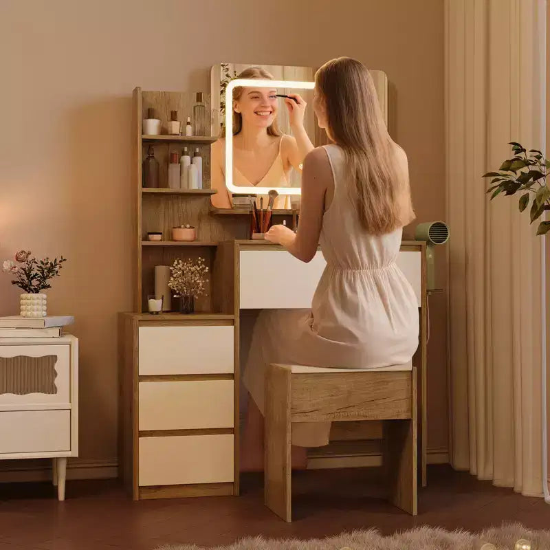 36-Inch Makeup Modern Vanity Table for Bedroom, 4 Large Drawers, 3 Lighting Modes, Storage Shelves