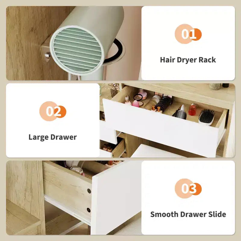 36-Inch Makeup Modern Vanity Table for Bedroom, 4 Large Drawers, 3 Lighting Modes, Storage Shelves