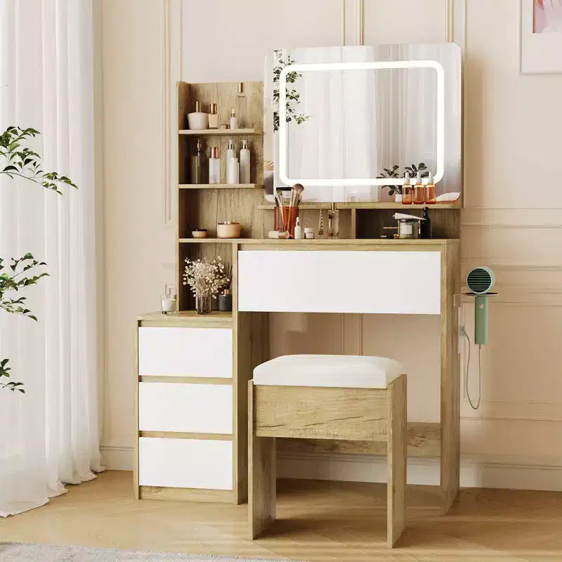 36-Inch Makeup Modern Vanity Table for Bedroom, 4 Large Drawers, 3 Lighting Modes, Storage Shelves
