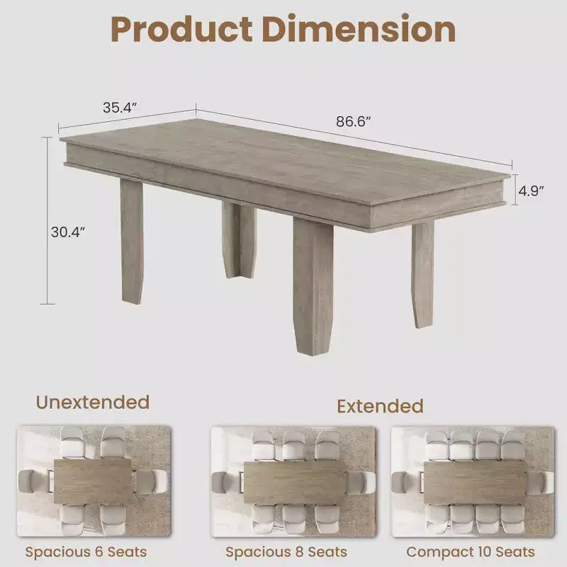 Extendable Farmhouse Dining Table for 6-10 Large 63-86.6 Rectangular Oak Kitchen Table Modern Rustic Banquet Table Sturdy Wooden Frame