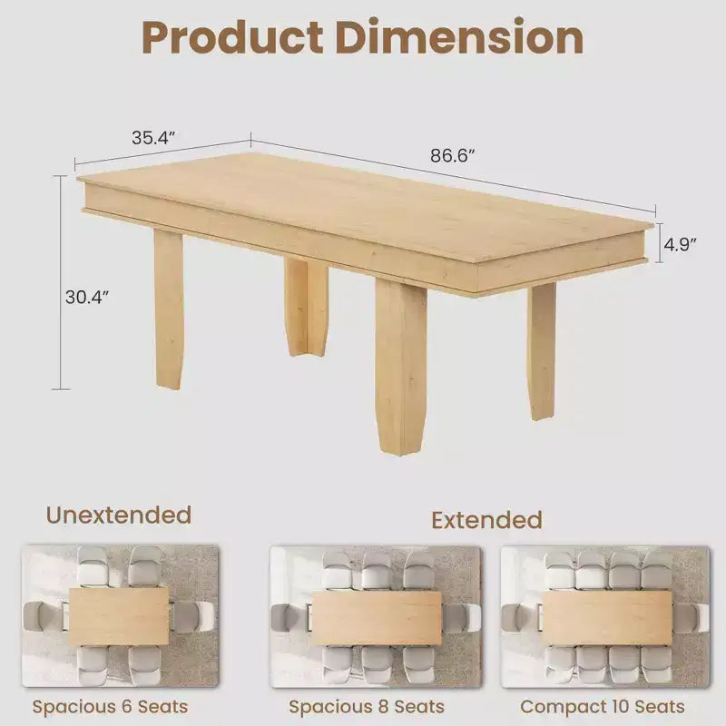 Extendable Farmhouse Dining Table for 6-10 Large 63-86.6 Rectangular Oak Kitchen Table Modern Rustic Banquet Table Sturdy Wooden Frame