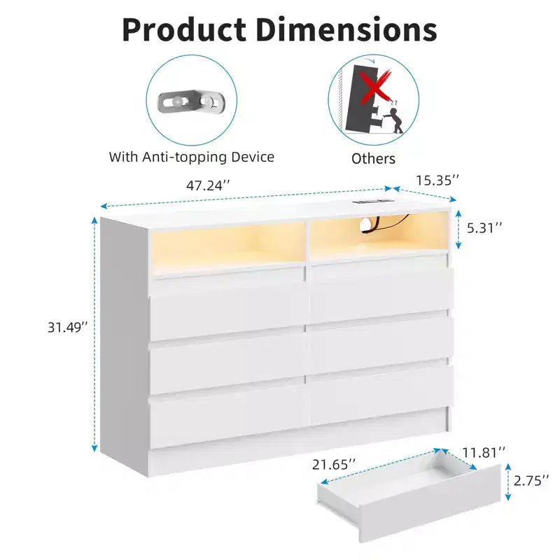 6 Drawer Dresser with LED Light and Charging Station, 2pcs Storage Chest with Power Outlet, Accent Double Dresser for Bedroom Living Room, White