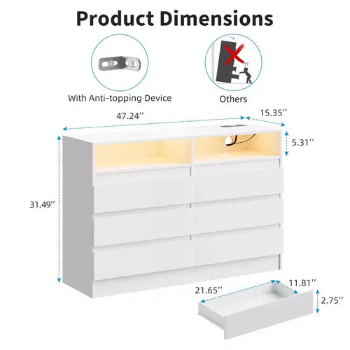 6 Drawer Dresser with LED Light and Charging Station, 2pcs Storage Chest with Power Outlet, Accent Double Dresser for Bedroom Living Room, White