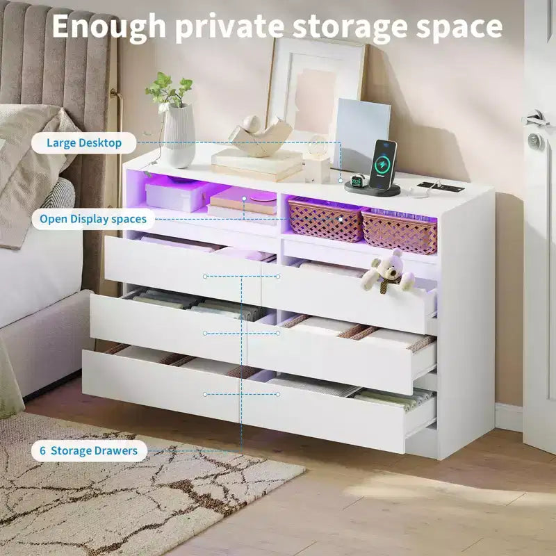 6 Drawer Dresser with LED Light and Charging Station, 2pcs Storage Chest with Power Outlet, Accent Double Dresser for Bedroom Living Room, White