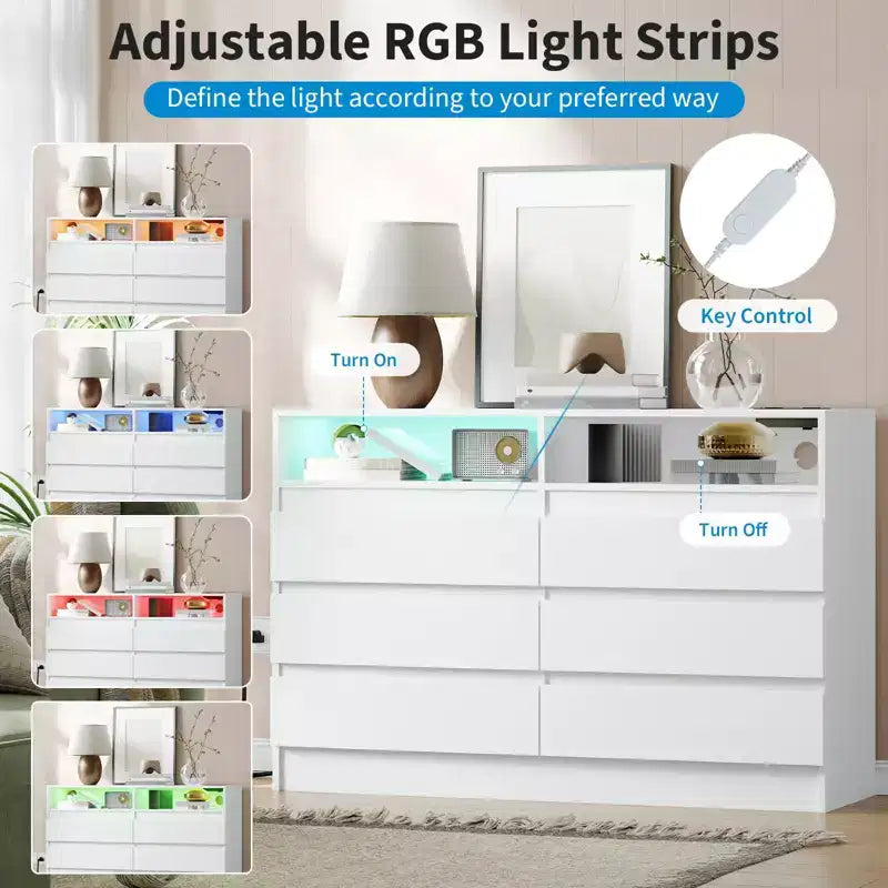 6 Drawer Dresser with LED Light and Charging Station, 2pcs Storage Chest with Power Outlet, Accent Double Dresser for Bedroom Living Room, White
