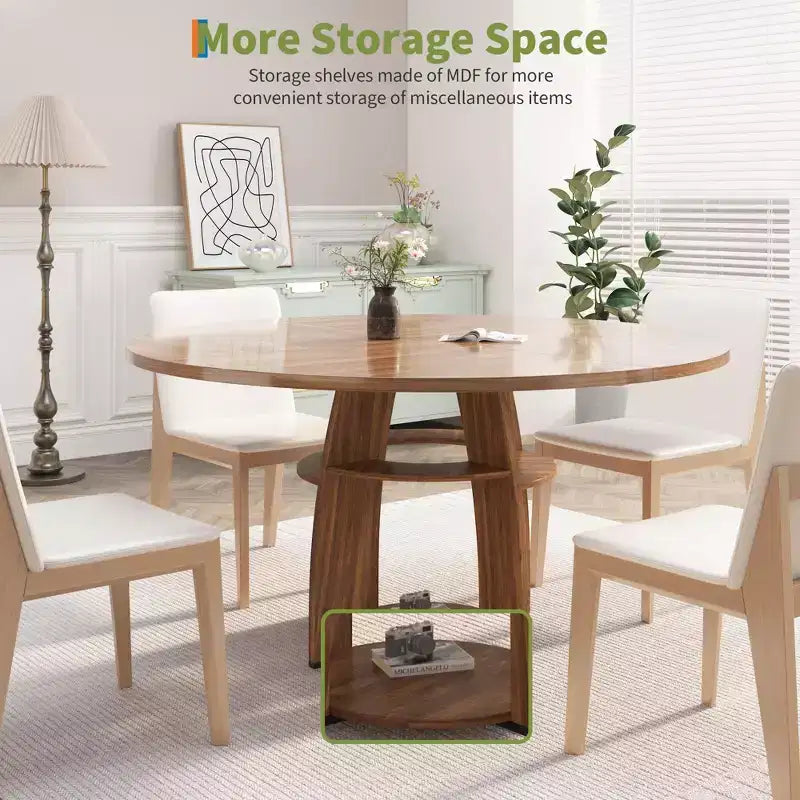 GustoWave 47 Round Dining Table with Storage Shelf, Circle Kitchen Table for 4-6