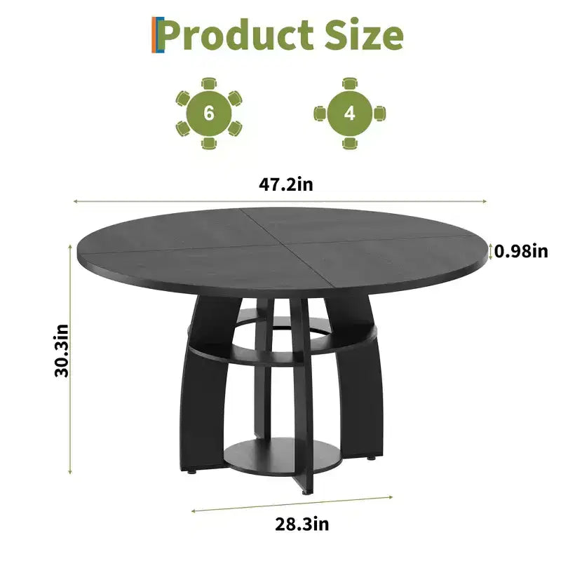GustoWave 47 Round Dining Table with Storage Shelf, Circle Kitchen Table for 4-6