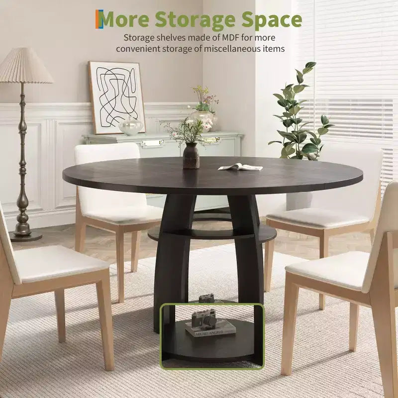 GustoWave 47 Round Dining Table with Storage Shelf, Circle Kitchen Table for 4-6