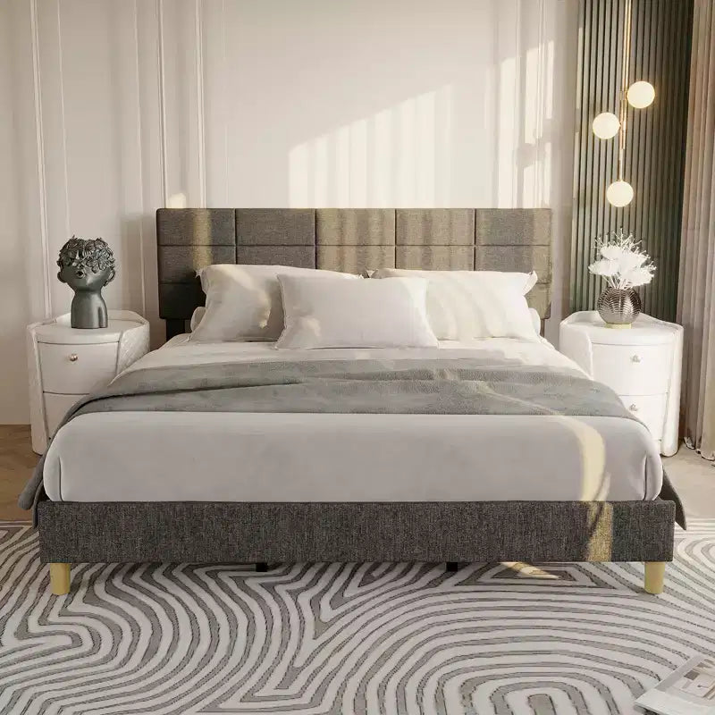 Twin Size Linen Upholstered Platform Bed Frame, Gray, Height Adjustable Headboard, Strong Wood Slats & Support Legs, Metal Frame, No Box Spring Need