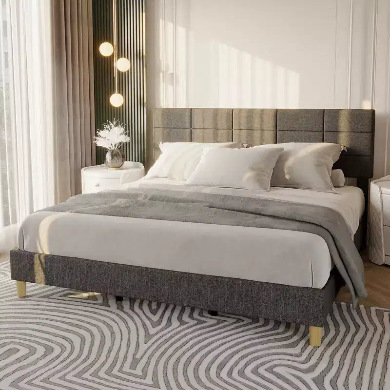 Twin Size Linen Upholstered Platform Bed Frame, Gray, Height Adjustable Headboard, Strong Wood Slats & Support Legs, Metal Frame, No Box Spring Need