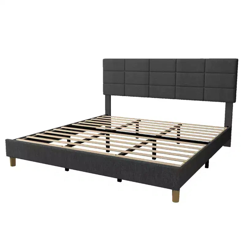 Twin Size Linen Upholstered Platform Bed Frame, Gray, Height Adjustable Headboard, Strong Wood Slats & Support Legs, Metal Frame, No Box Spring Need