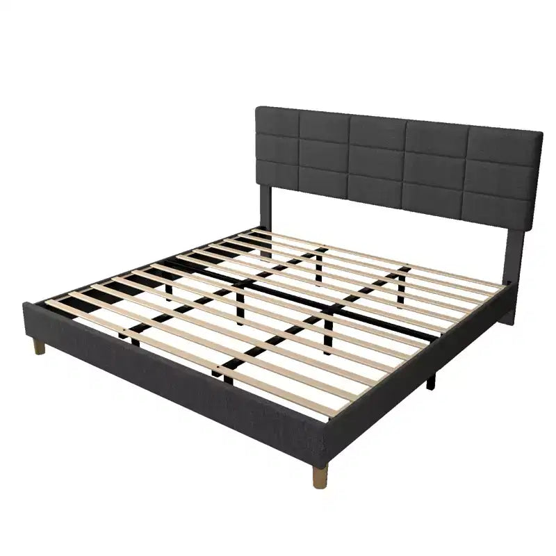 Twin Size Linen Upholstered Platform Bed Frame, Gray, Height Adjustable Headboard, Strong Wood Slats & Support Legs, Metal Frame, No Box Spring Need