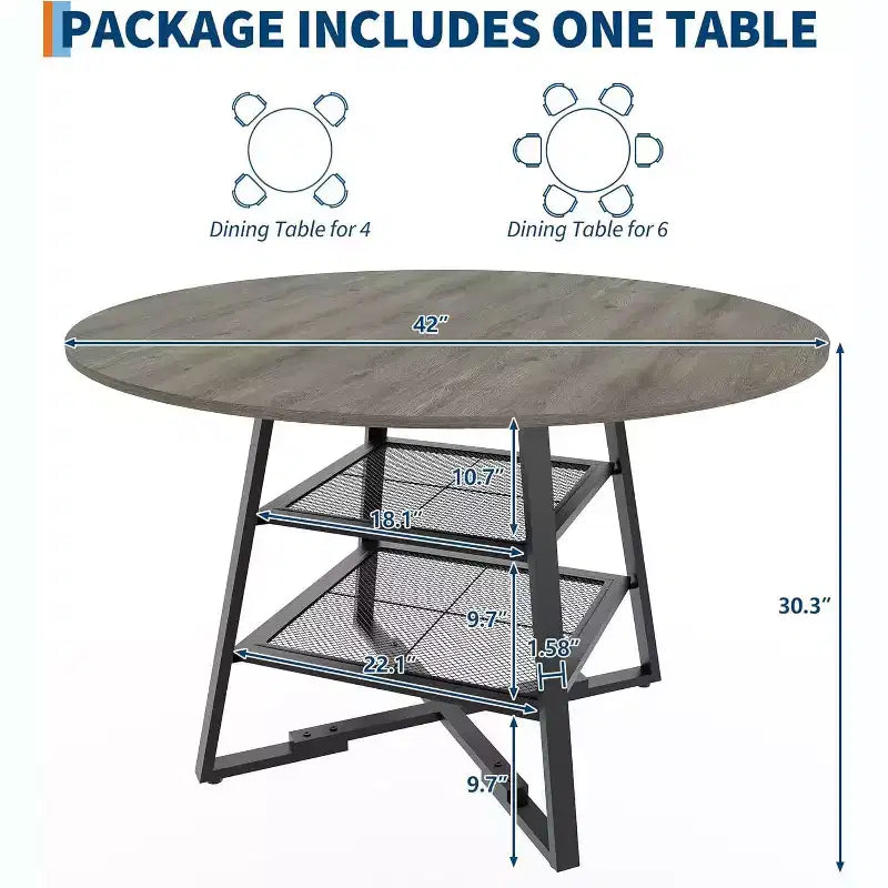 Space-Saving Round Dining Table with 2-Tier Shelf, Modern Wood & Metal Kitchen Table for 4-6, Sturdy Industrial Circle Table, Easy Assembly