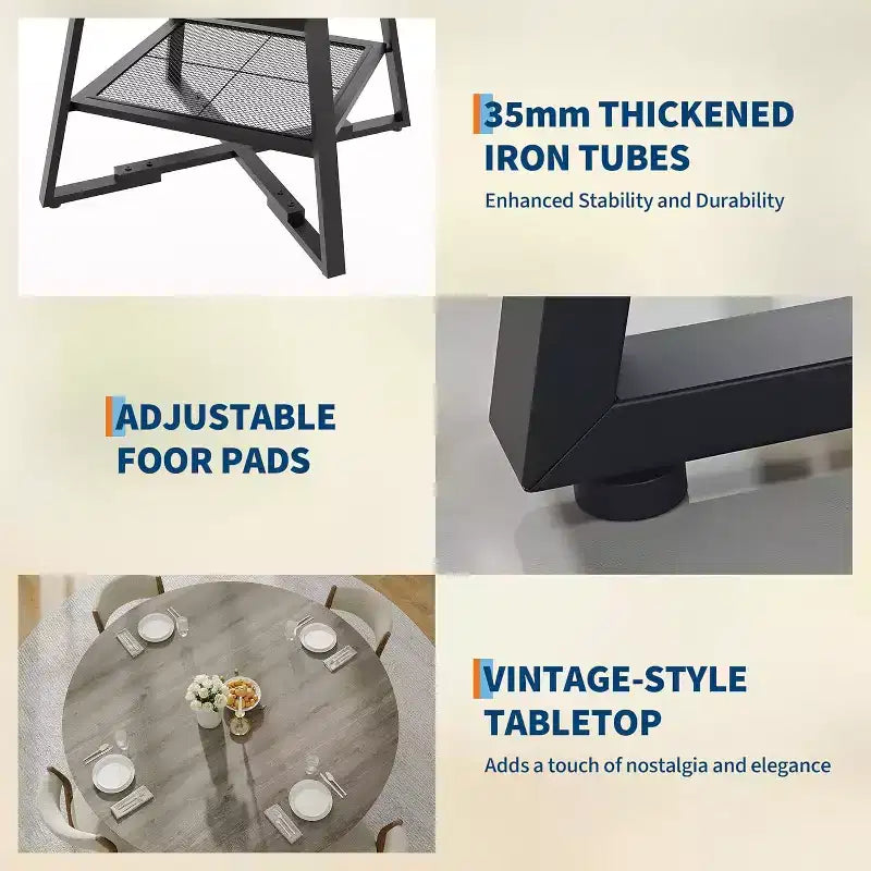 Space-Saving Round Dining Table with 2-Tier Shelf, Modern Wood & Metal Kitchen Table for 4-6, Sturdy Industrial Circle Table, Easy Assembly