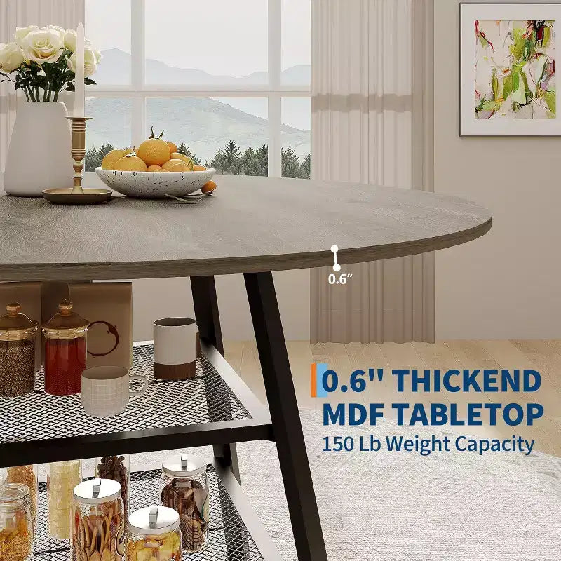 Space-Saving Round Dining Table with 2-Tier Shelf, Modern Wood & Metal Kitchen Table for 4-6, Sturdy Industrial Circle Table, Easy Assembly