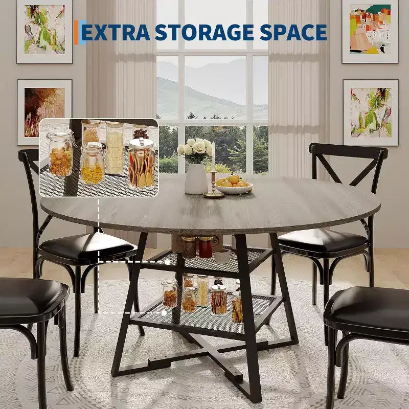 Space-Saving Round Dining Table with 2-Tier Shelf, Modern Wood & Metal Kitchen Table for 4-6, Sturdy Industrial Circle Table, Easy Assembly