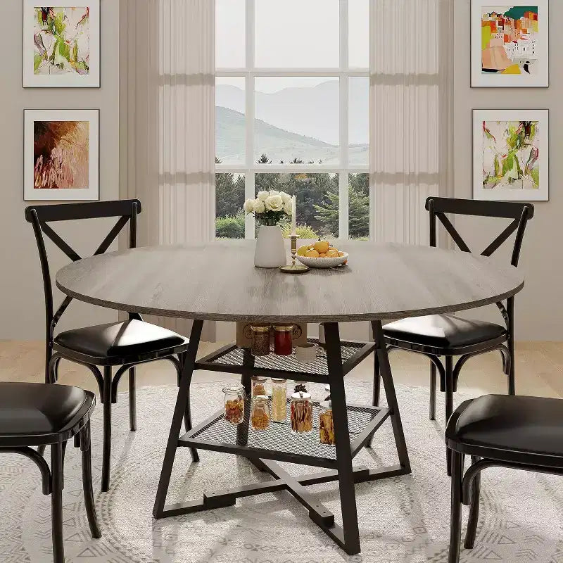 Space-Saving Round Dining Table with 2-Tier Shelf, Modern Wood & Metal Kitchen Table for 4-6, Sturdy Industrial Circle Table, Easy Assembly