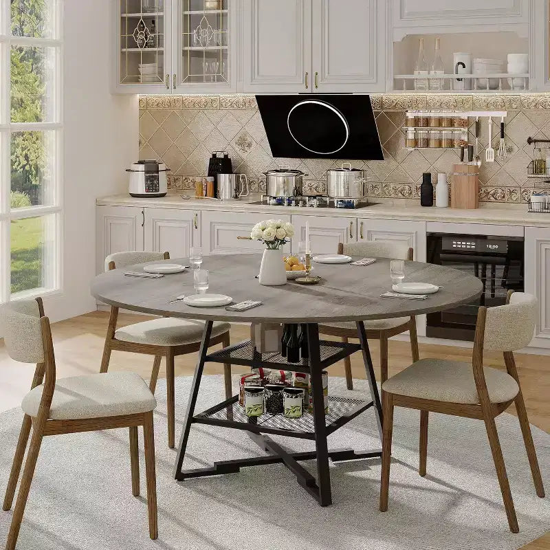 Space-Saving Round Dining Table with 2-Tier Shelf, Modern Wood & Metal Kitchen Table for 4-6, Sturdy Industrial Circle Table, Easy Assembly