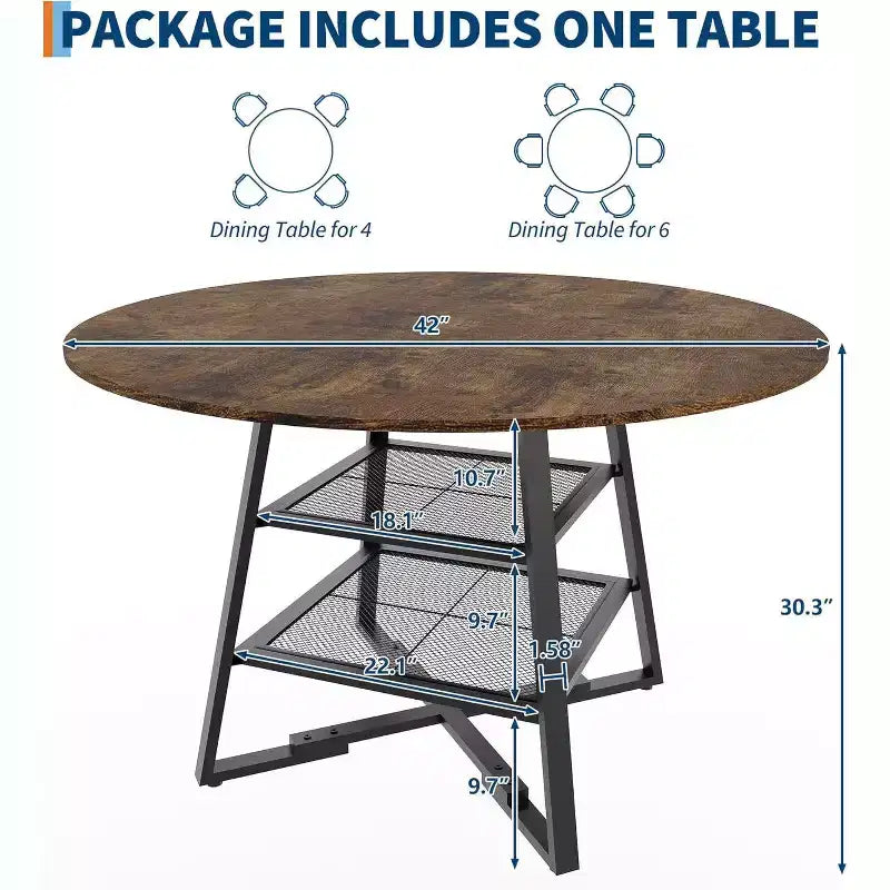 Space-Saving Round Dining Table with 2-Tier Shelf, Modern Wood & Metal Kitchen Table for 4-6, Sturdy Industrial Circle Table, Easy Assembly