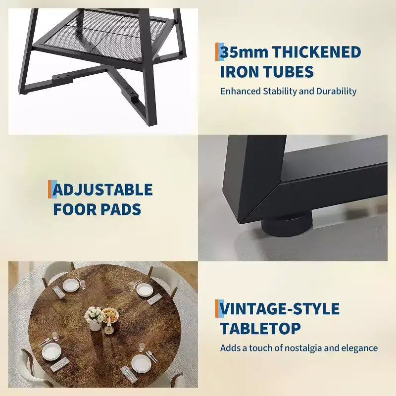 Space-Saving Round Dining Table with 2-Tier Shelf, Modern Wood & Metal Kitchen Table for 4-6, Sturdy Industrial Circle Table, Easy Assembly