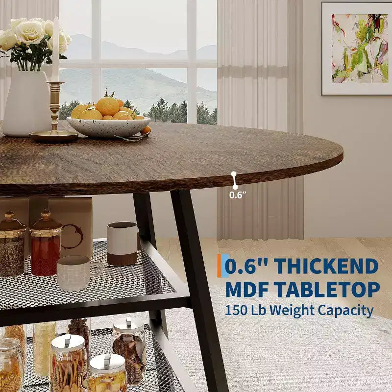 Space-Saving Round Dining Table with 2-Tier Shelf, Modern Wood & Metal Kitchen Table for 4-6, Sturdy Industrial Circle Table, Easy Assembly