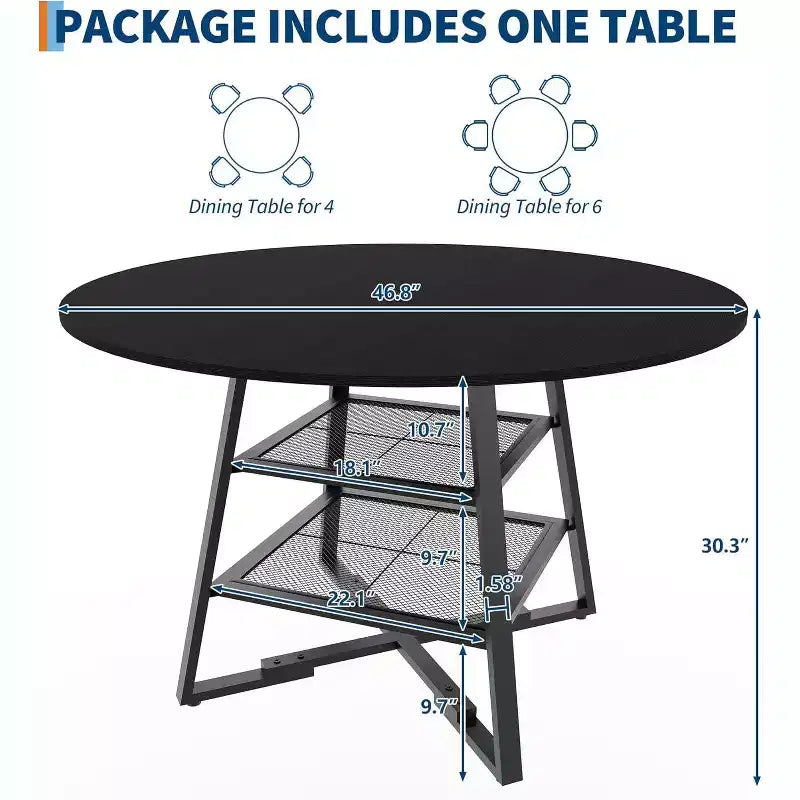 Space-Saving Round Dining Table with 2-Tier Shelf, Modern Wood & Metal Kitchen Table for 4-6, Sturdy Industrial Circle Table, Easy Assembly