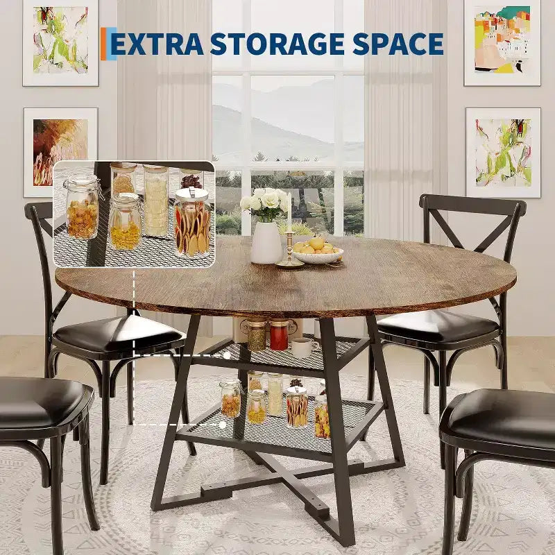 Space-Saving Round Dining Table with 2-Tier Shelf, Modern Wood & Metal Kitchen Table for 4-6, Sturdy Industrial Circle Table, Easy Assembly