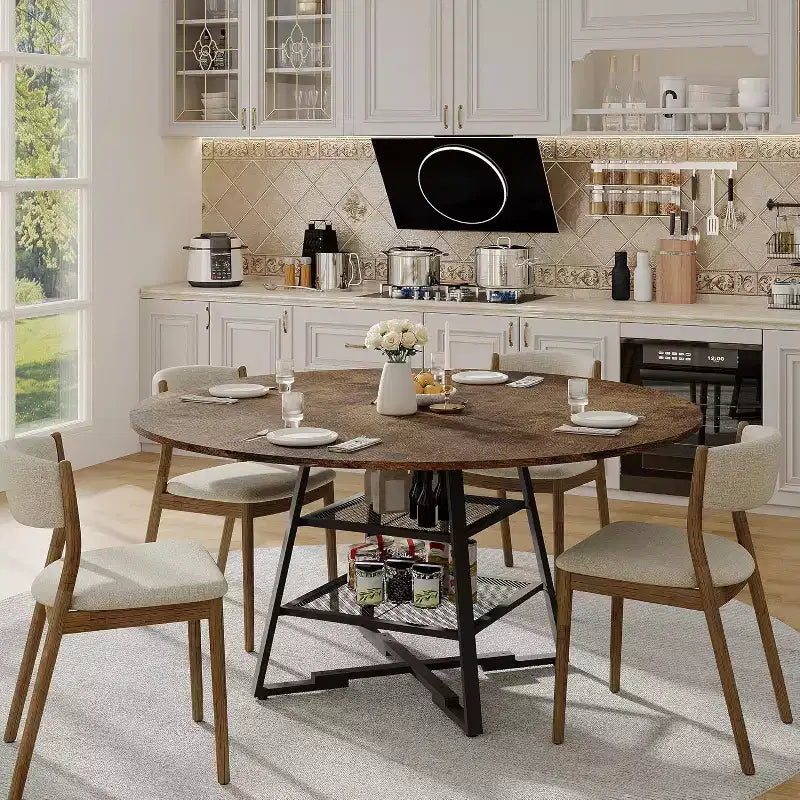 Space-Saving Round Dining Table with 2-Tier Shelf, Modern Wood & Metal Kitchen Table for 4-6, Sturdy Industrial Circle Table, Easy Assembly