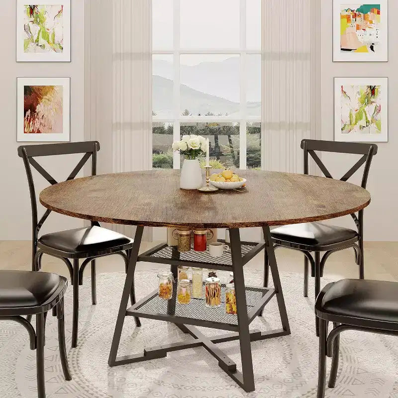 Space-Saving Round Dining Table with 2-Tier Shelf, Modern Wood & Metal Kitchen Table for 4-6, Sturdy Industrial Circle Table, Easy Assembly