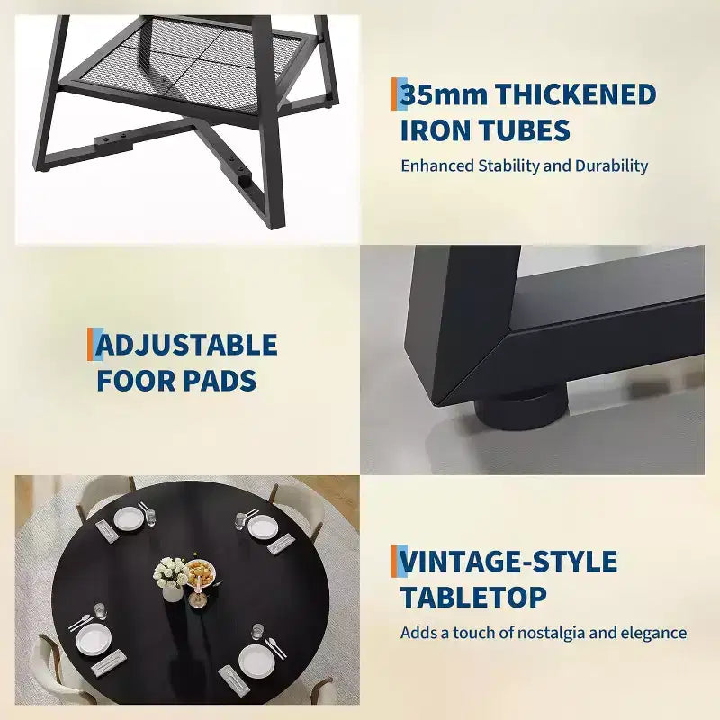 Space-Saving Round Dining Table with 2-Tier Shelf, Modern Wood & Metal Kitchen Table for 4-6, Sturdy Industrial Circle Table, Easy Assembly