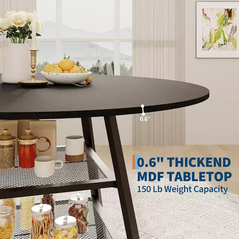 Space-Saving Round Dining Table with 2-Tier Shelf, Modern Wood & Metal Kitchen Table for 4-6, Sturdy Industrial Circle Table, Easy Assembly