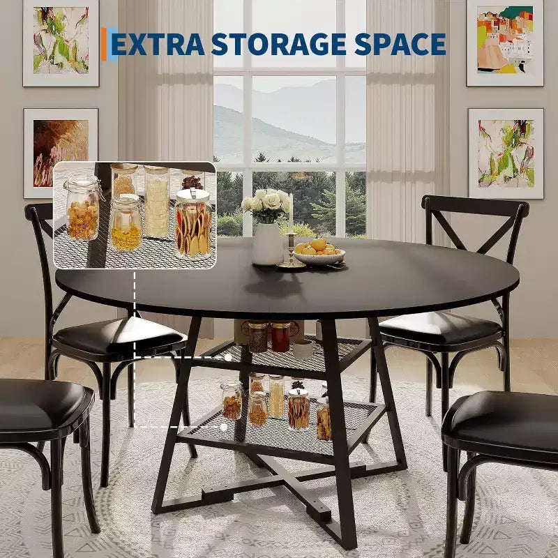 Space-Saving Round Dining Table with 2-Tier Shelf, Modern Wood & Metal Kitchen Table for 4-6, Sturdy Industrial Circle Table, Easy Assembly
