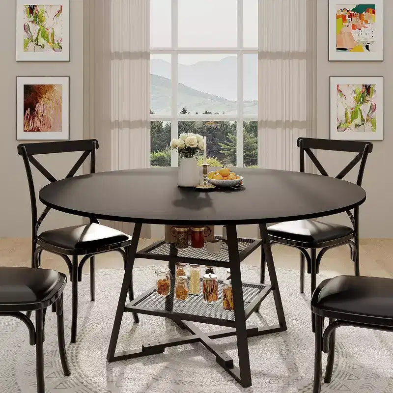 Space-Saving Round Dining Table with 2-Tier Shelf, Modern Wood & Metal Kitchen Table for 4-6, Sturdy Industrial Circle Table, Easy Assembly