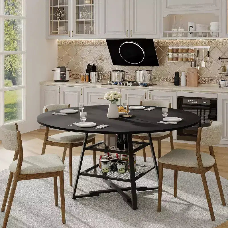 Space-Saving Round Dining Table with 2-Tier Shelf, Modern Wood & Metal Kitchen Table for 4-6, Sturdy Industrial Circle Table, Easy Assembly