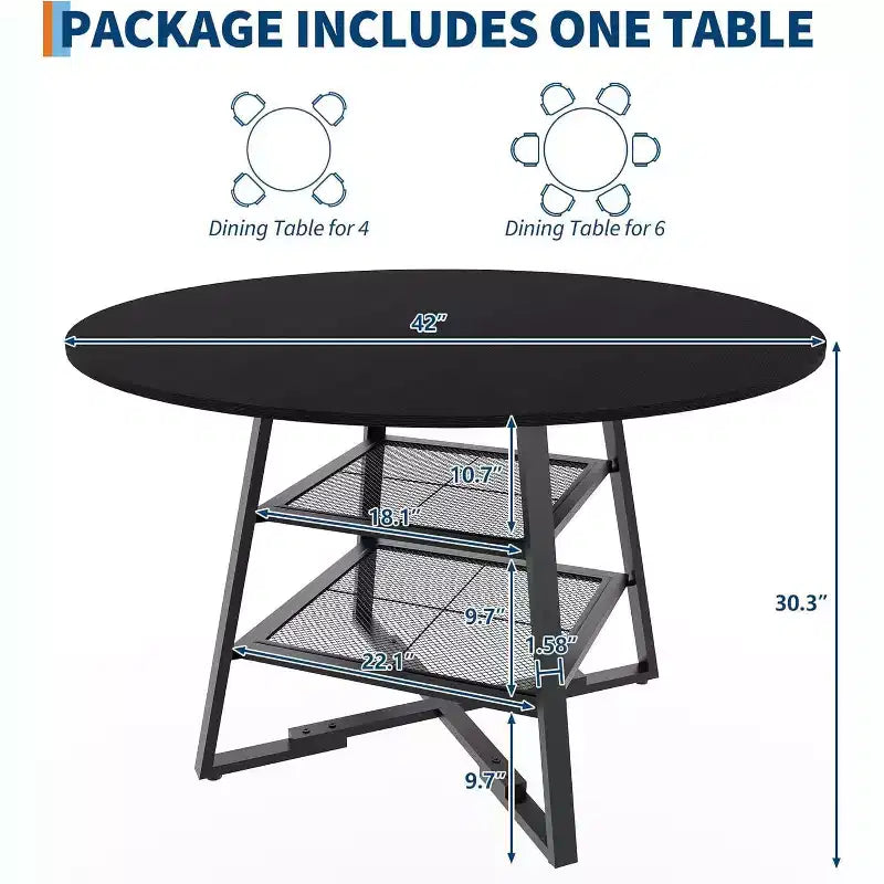 Space-Saving Round Dining Table with 2-Tier Shelf, Modern Wood & Metal Kitchen Table for 4-6, Sturdy Industrial Circle Table, Easy Assembly