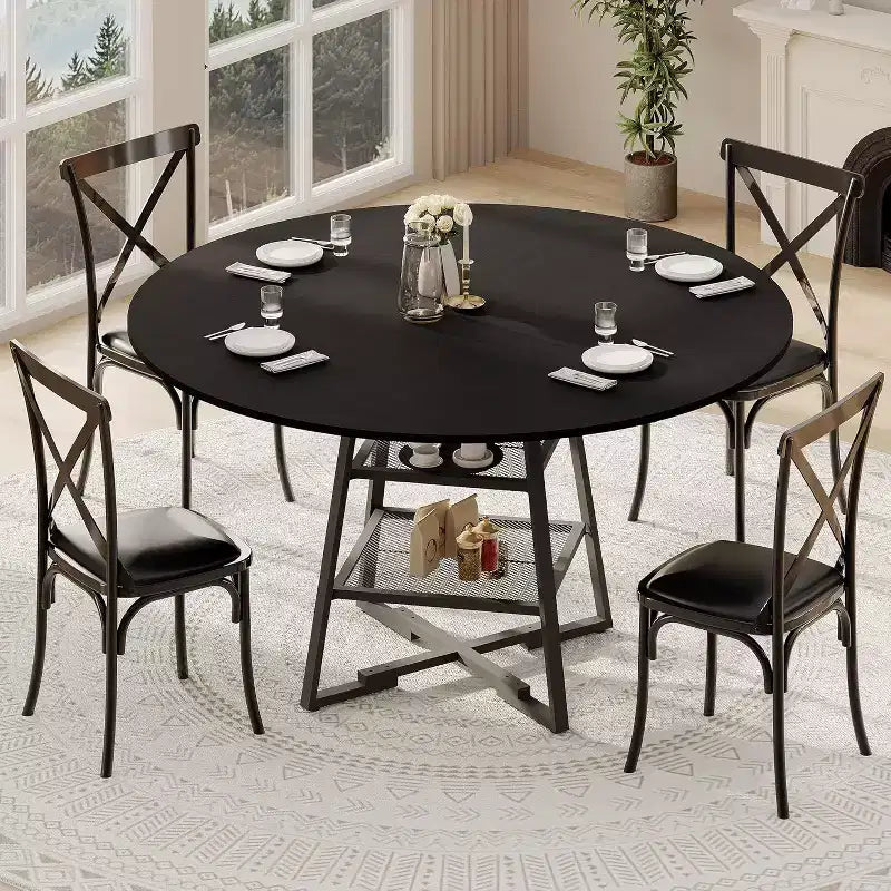 Space-Saving Round Dining Table with 2-Tier Shelf, Modern Wood & Metal Kitchen Table for 4-6, Sturdy Industrial Circle Table, Easy Assembly