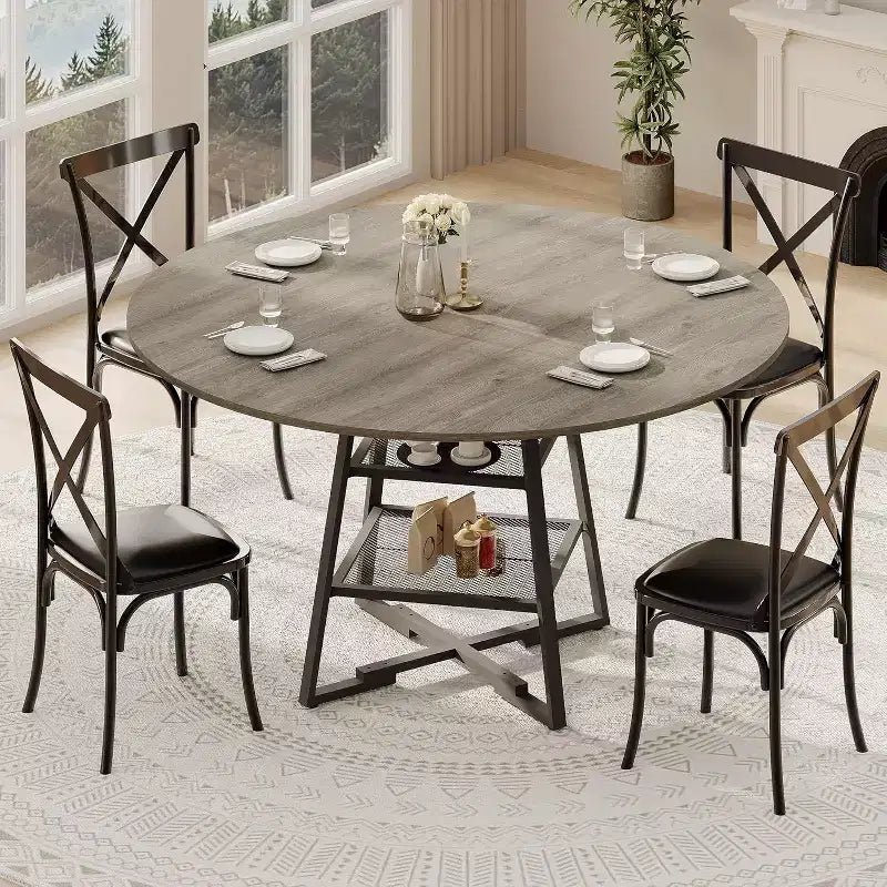 Space-Saving Round Dining Table with 2-Tier Shelf, Modern Wood & Metal Kitchen Table for 4-6, Sturdy Industrial Circle Table, Easy Assembly