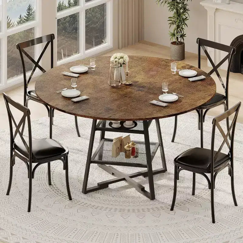 Space-Saving Round Dining Table with 2-Tier Shelf, Modern Wood & Metal Kitchen Table for 4-6, Sturdy Industrial Circle Table, Easy Assembly